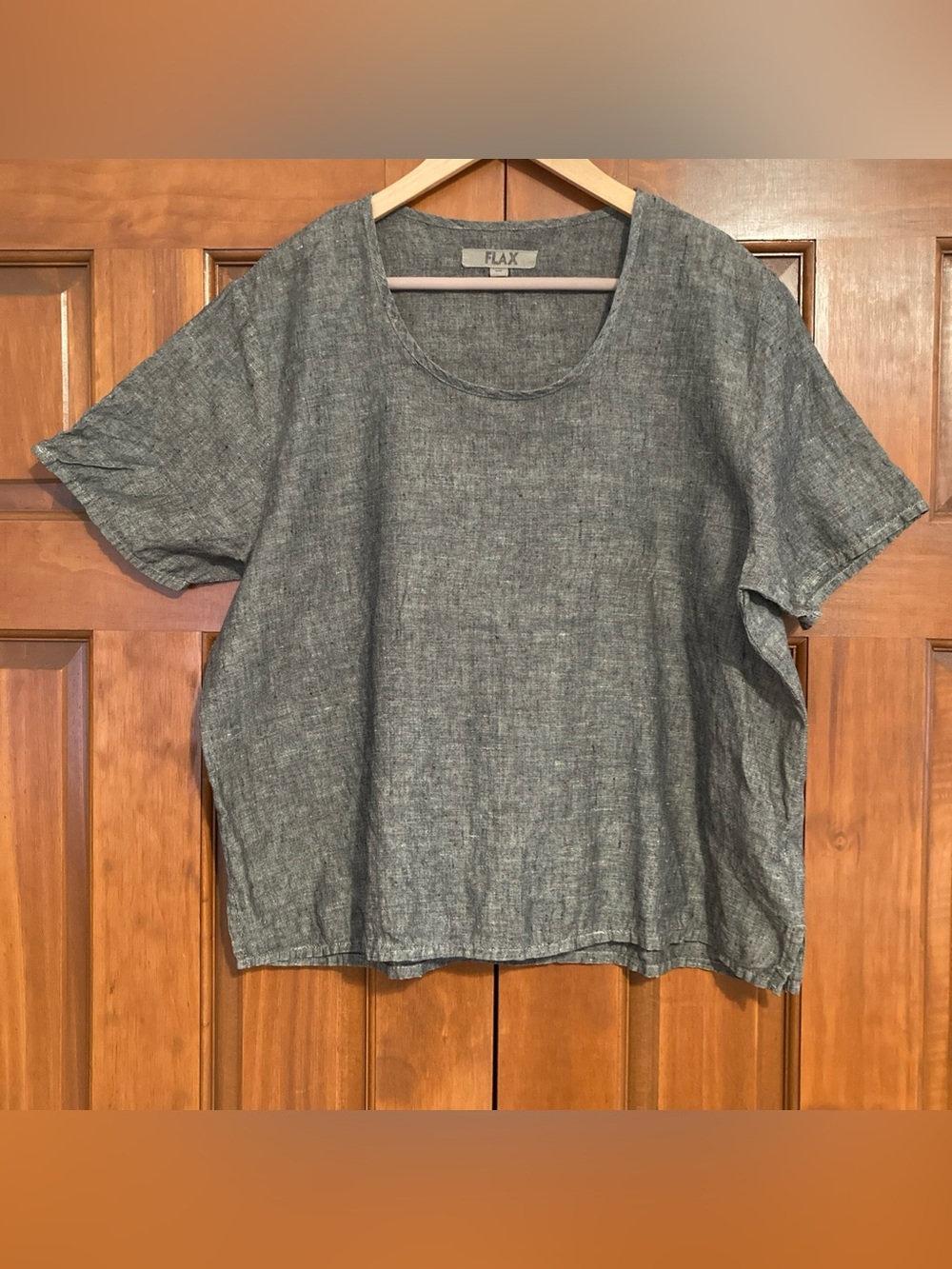 Flax Short Sleeve Linen Scoop Neck Top in Gray women’s medium Lagenlook